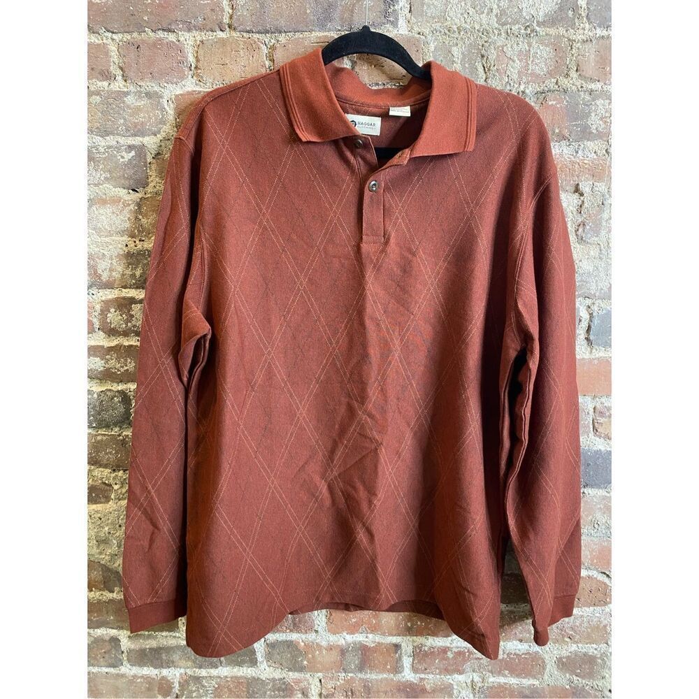 Haggar Men’s Medium M Brick Red Argyle Long Sleeve Polo Short NEW